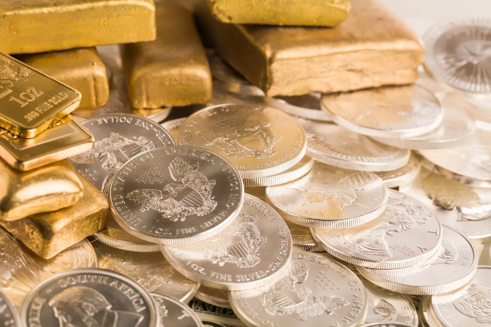 Gold bars and gold and silver bullion coins